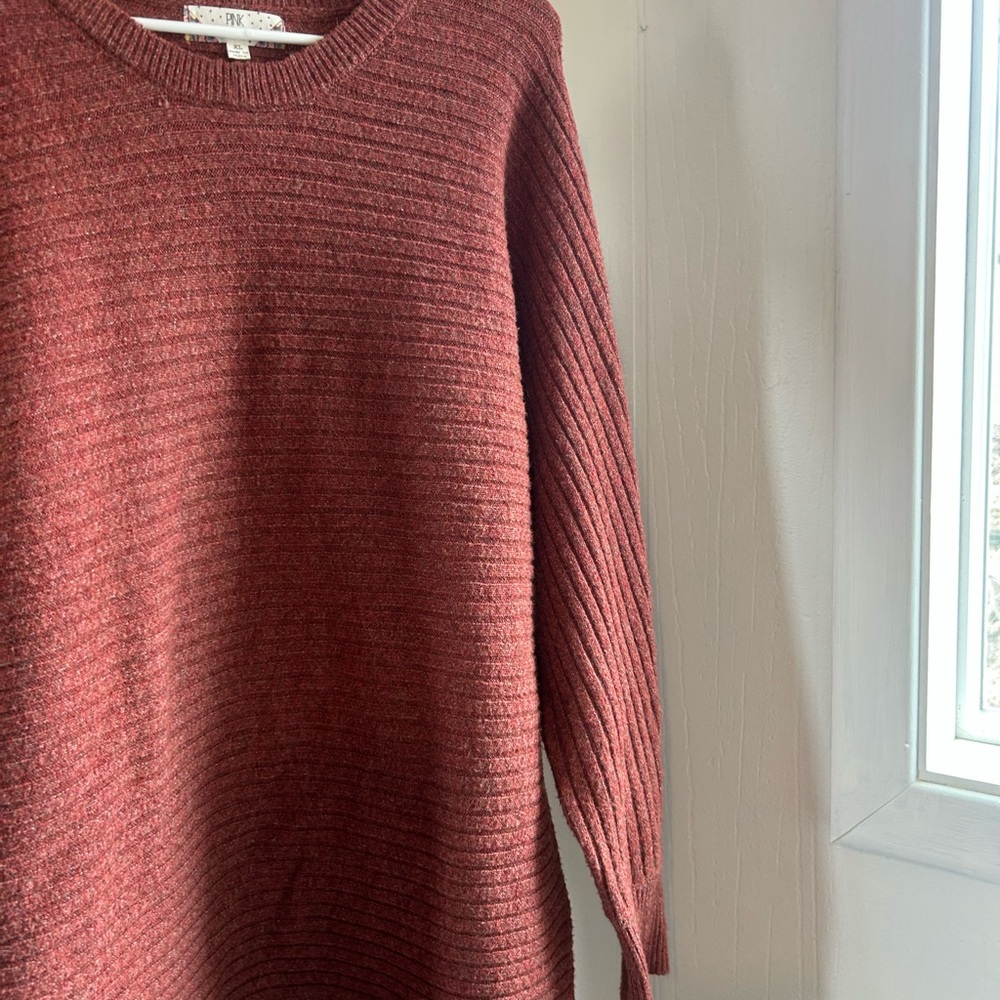 Pink Rose Red Crew Neck Sweater with Ribbed Texture
